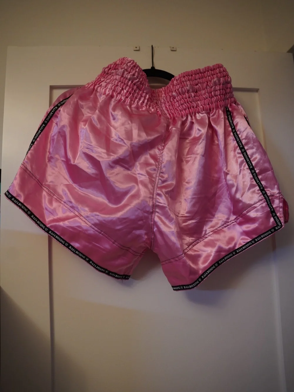 Raj Pink Satin Muay Thai Shorts with Black Trim